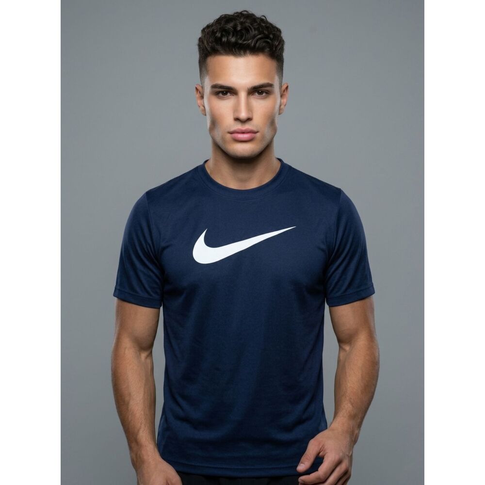 Nike Dri-FIT The Nike Tee Navy Blue Short Sleeve Big Swoosh Graphic Shirt Large